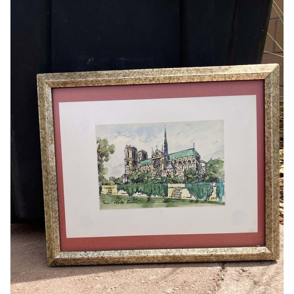 Signed DAZY Paris Notre Dame Original Hand Painted Watercolor Framed France